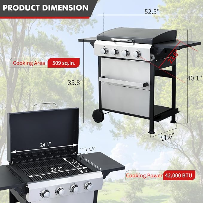 CIG GARDEN 4 Burner Propane Gas Grill, 000 BTU Output Flat Top BBQ Grill - Image 2