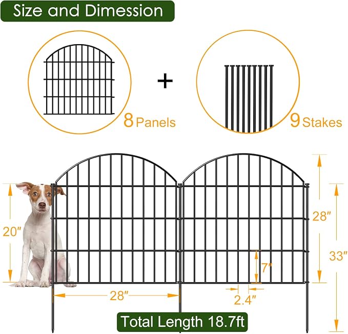 Metal Garden Fence 28in x 18.7ft, 8 Panels + 9 Stakes Dog Fence Border Fence - Image 4