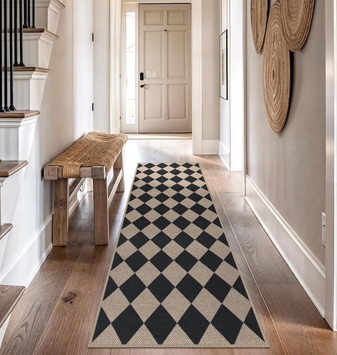 Easy Jute Checkered Runner Rug, 2.6x8 Black Modern Washable Rugs Runner - Image 6