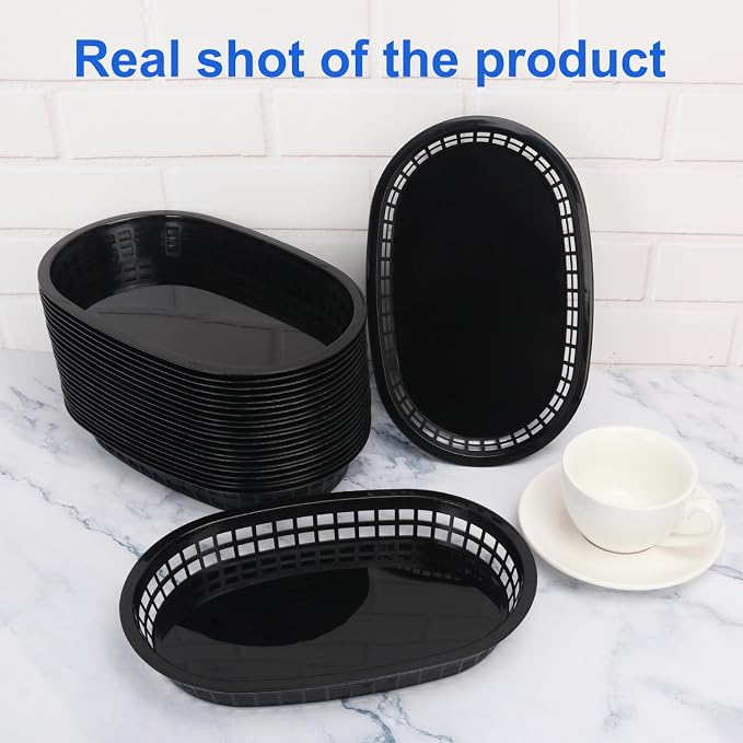 60 Pack Black Fast Food Baskets, 10.6 x 6.7 Inch Oval Black Plastic Food Baskets - Image 4