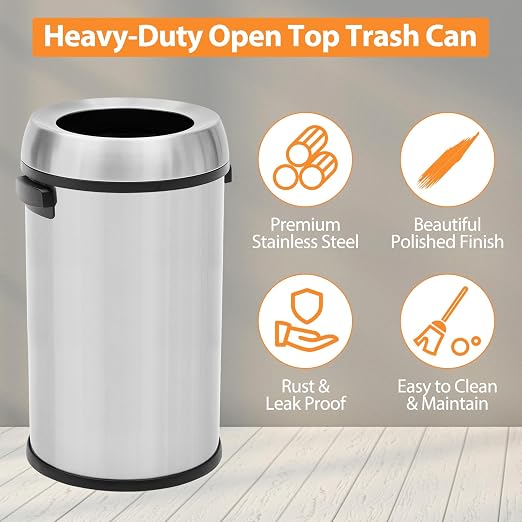 GarveeHome 17 gal/65 L Open Top Trash Can, Stainless Steel Rubbish Bin - Image 2