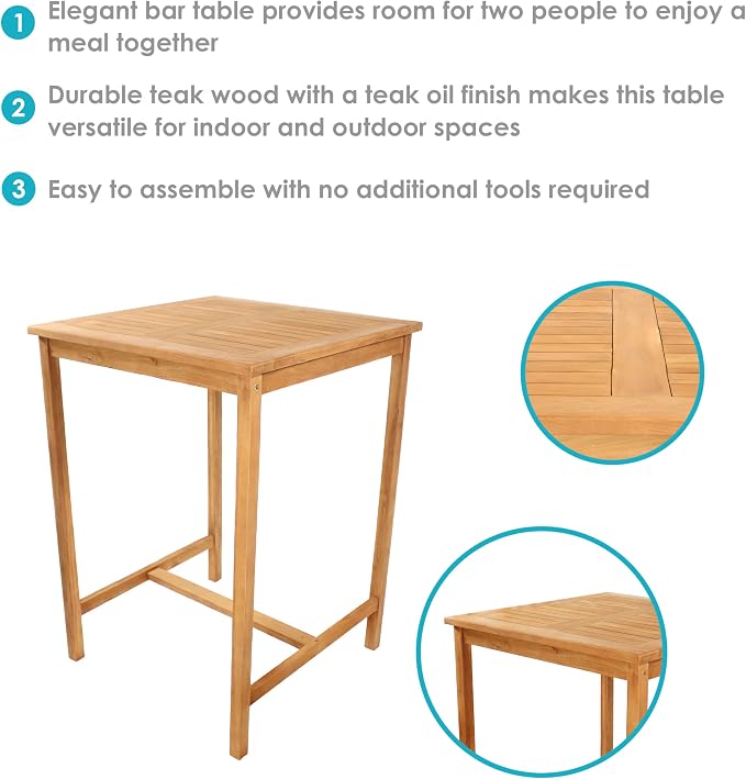 Sunnydaze 2-Person Solid Teak Wood Square Patio Bar Table - Image 4