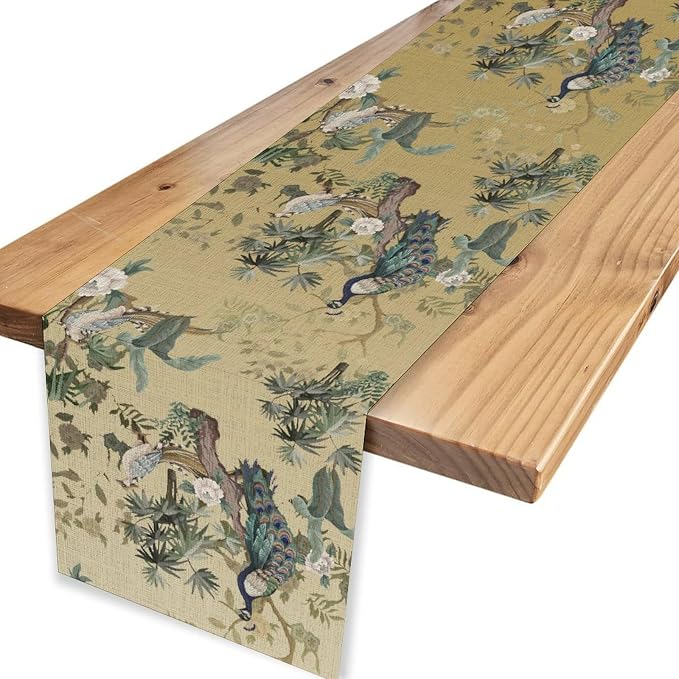 Asian Table Runner, Ruatic Traditionla Chinese Style Penoy Floral Branch Table - Image 6