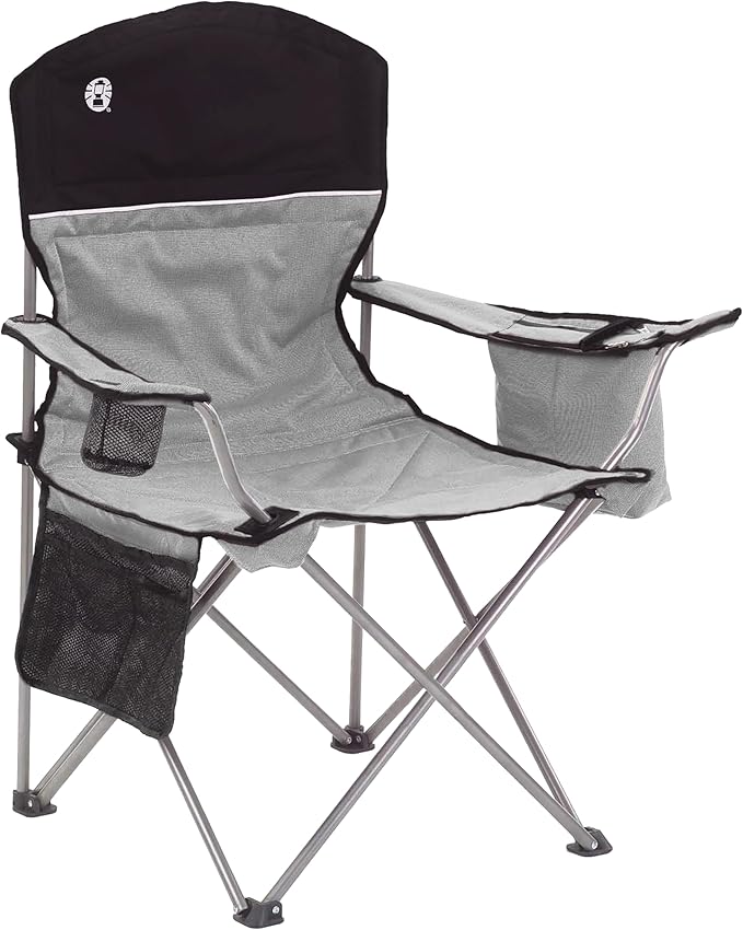 Grey Portable Camp Chair with 4-Can Arm Cooler and Carry Bag