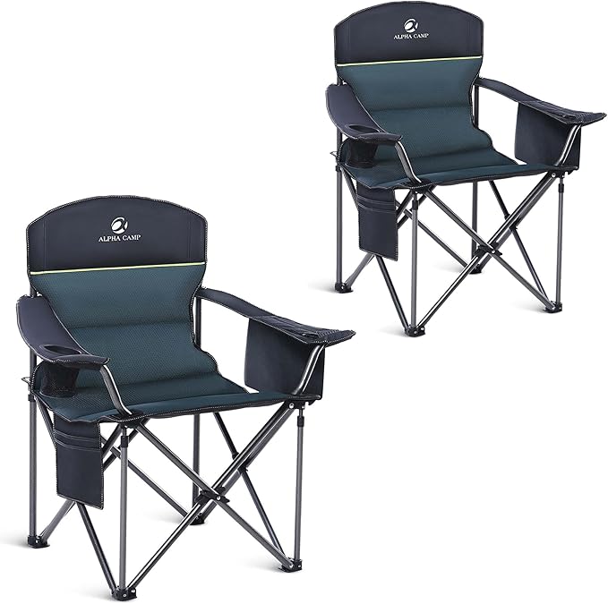 Folding Camping Chair, Green, 500 lb Capacity, Cooler Bag