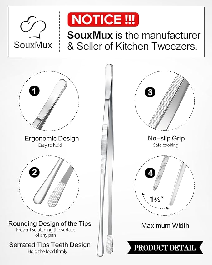 Tongs, 12-Inch Stainless Steel Plating Tweezers, Set of 2, Silver