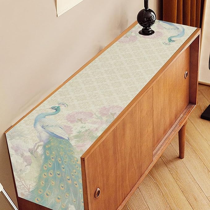 Peacock Table Runner, Rustic Traditional Chinese Style Watercolor Peacock Pink - Image 2