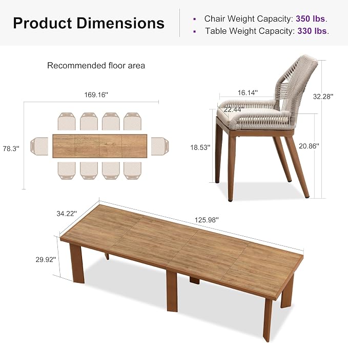 PURPLE LEAF 11 Pieces Dining Set Patio Metal Rectangular Table and Wicker - Image 8