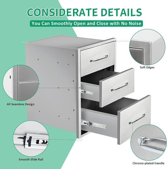 Outdoor Kitchen Drawers 15.7" W x 21.6" H x 17.7" D Stainless Steel Triple - Image 4
