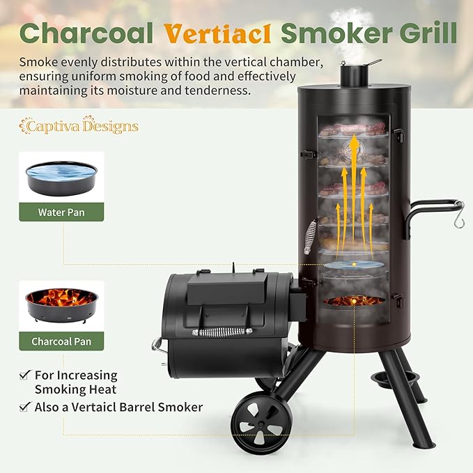 Captiva Designs Charcoal Vertical Smoker Grill and Offset Smoker Grill Combo - Image 4