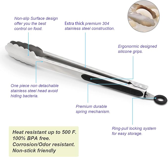 Tongs: Black 304 Stainless Steel with Locking Clip and Non-Slip Grip