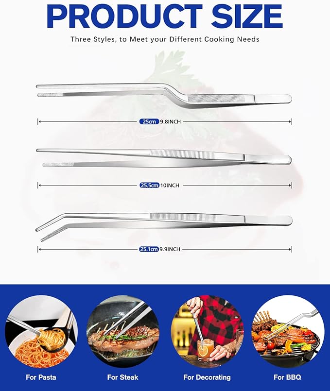 Tongs Set of 3 Designs, 10 Inch 304 Stainless Steel, Silver