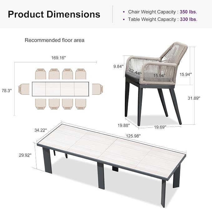 PURPLE LEAF 11 Pieces Patio Dining Set Aluminum Modern Rectangular Table and - Image 9