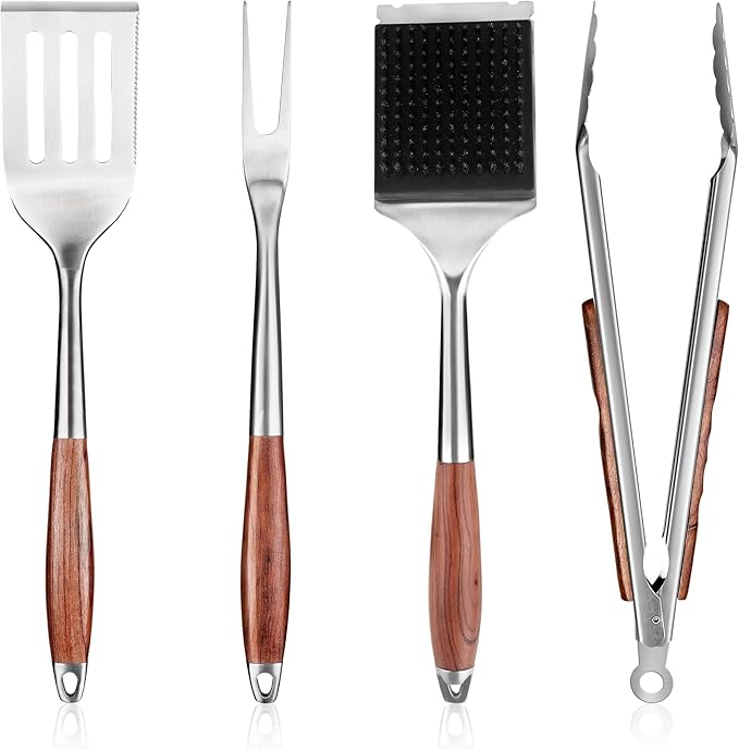 Barbecue Tool Set, 4-Piece Stainless Steel with Rosewood Handles