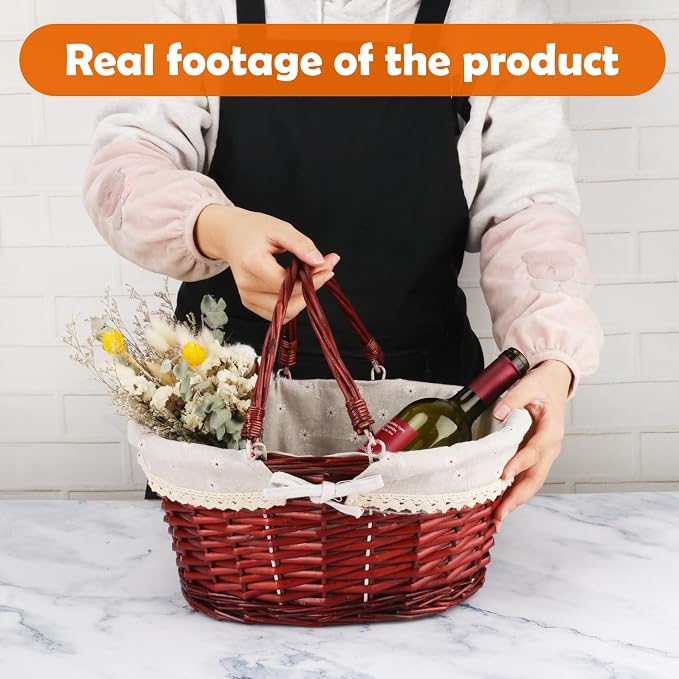 Brown Wicker Basket with Linen Lining, 14 Inch Large Wicker Woven Picnic Basket - Image 4