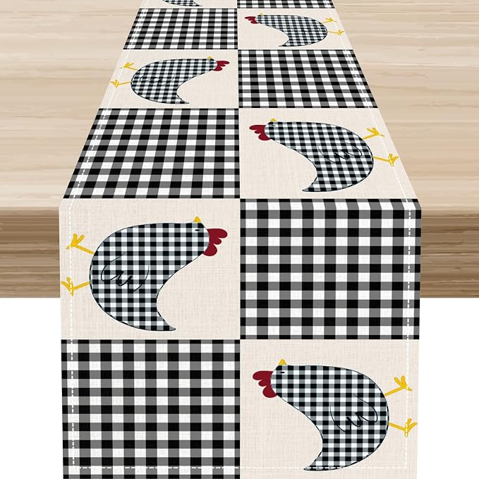 Farmhouse Rooster Table Runner, Rustic Farm Chicken Black White Plaid Buffalo by Unknown