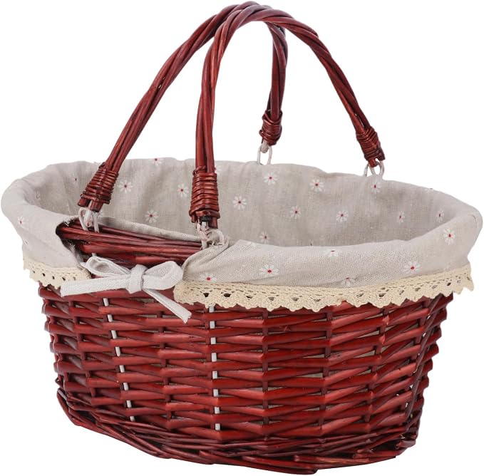 Brown Wicker Basket with Linen Lining, 14 Inch Large Wicker Woven Picnic Basket by Unknown