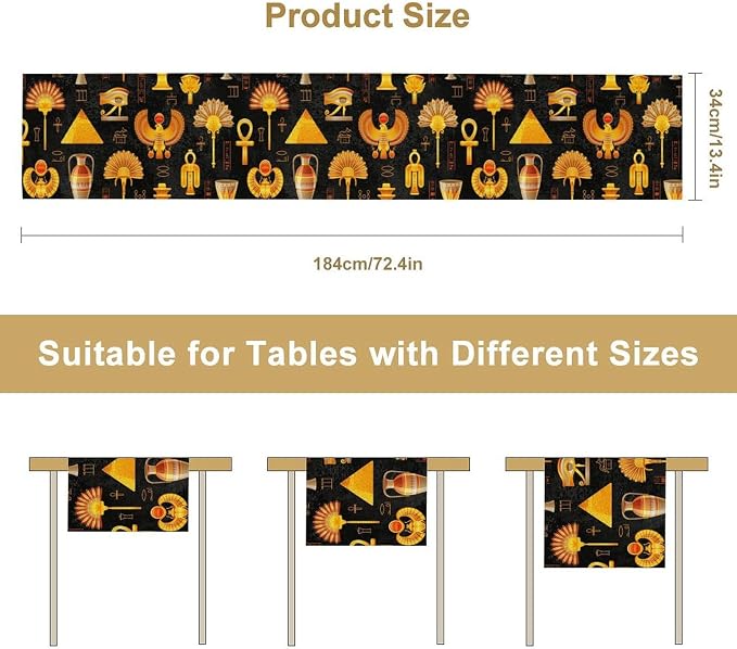 Egyptian Table Runner, Retro Egypt Mural Old Hieroglyphic Elements Ancient - Image 7