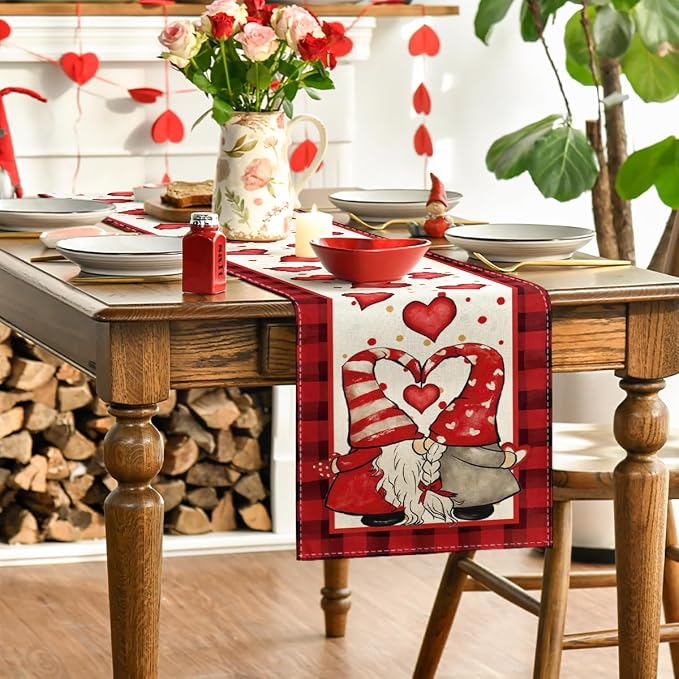 Artoid Mode Red Watercolor Hearts Gnomes Love Valentine's Table Runner - Image 3