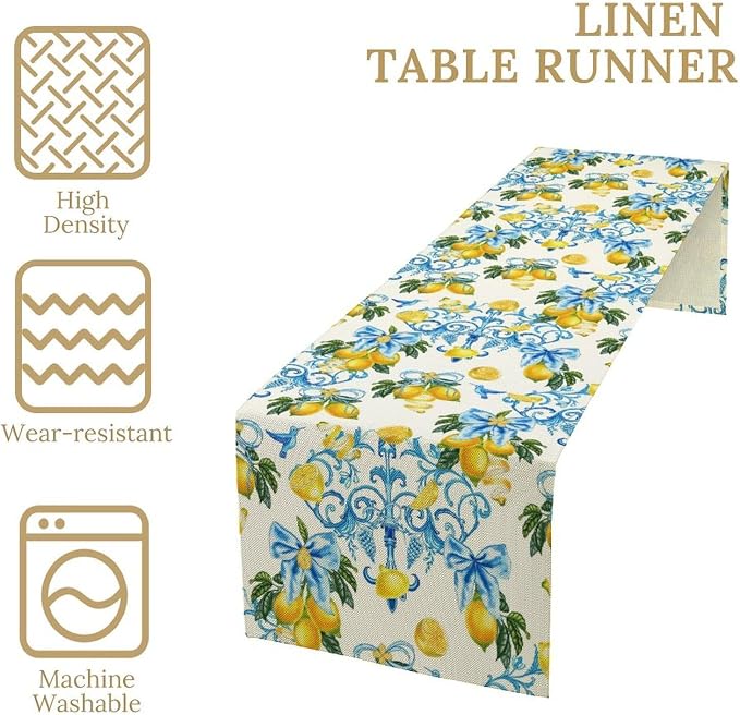 Lemon Table Runner, Summer Hummingbirds Flower Bows Print Table Runner - Image 6