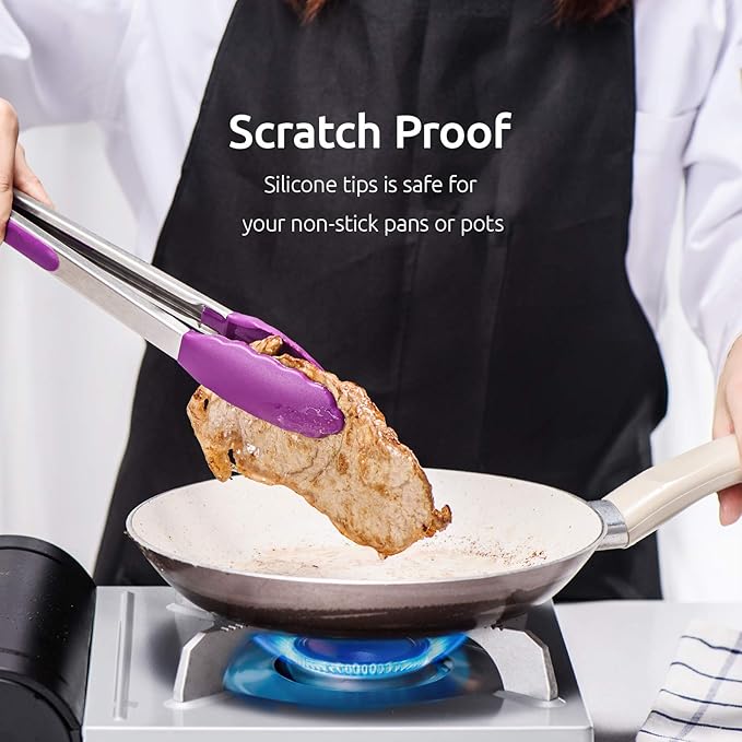 Cooking Tongs with Silicone Tips, 7, 9 and 12 Inch Stainless Steel, Purple