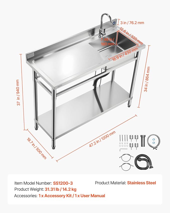 VEVOR Stainless Steel Utility Sink, Free Standing Single Bowl Commercial - Image 7