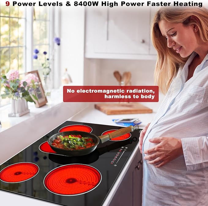 Noxton 30 Inch Electric Cooktop, 8400W 5 Burners Built-in Radiant Electric - Image 4