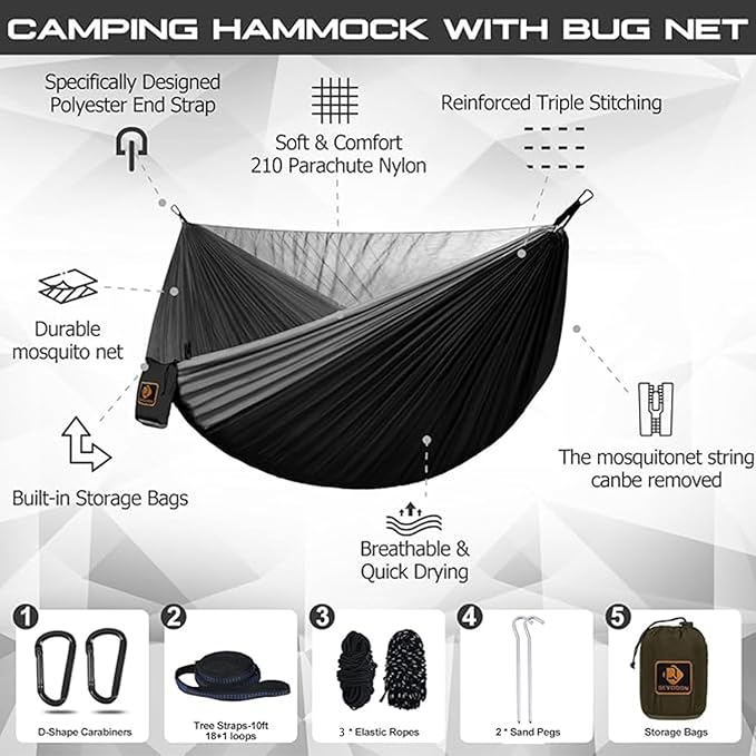 Hammock with Mosquito Net, Double Nylon Camping Hammock, Black and Grey