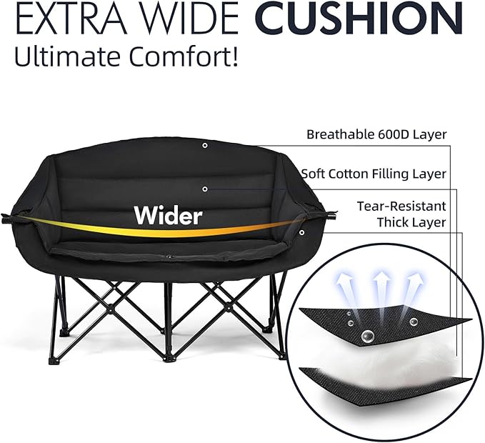 Camping Loveseat Chair for Two, Padded Black Folding Chair