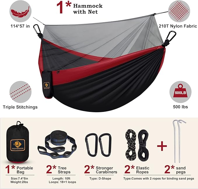 Hammock with Built-In Mosquito Net, 210T Nylon, Black and Red