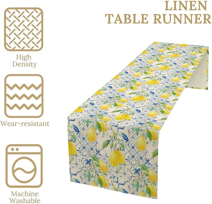 Lemon Table Runner, Summer Fruit Vintage Morocco Blue Tiles Table Runners - Image 6