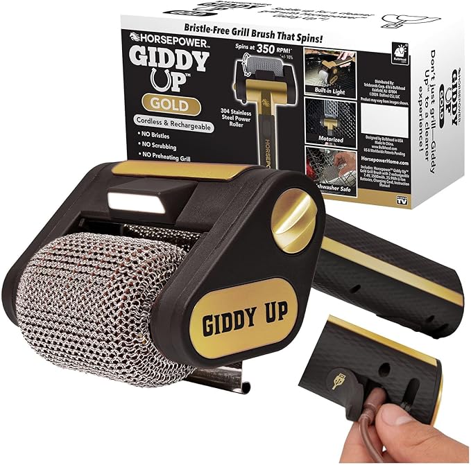 Horsepower Giddy Up GOLD Bristle-Free Spinning Grill Brush w/LED & Longer Run by Horsepower