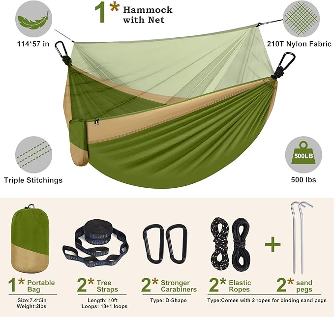 Portable Hammock with Mosquito Net, 2-in-1 Reversible Design, Green