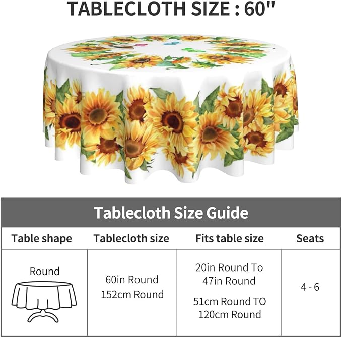 Sunflower's Round Tablecloth Sunflower Tablecloth 60 Inch Waterproof Rustic - Image 5
