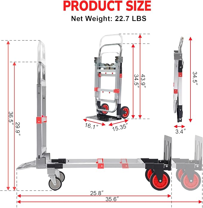 Upgraded 3 in 1 Aluminum Folding Hand Truck, 600lbs Capacity, Heavy Duty - Image 2