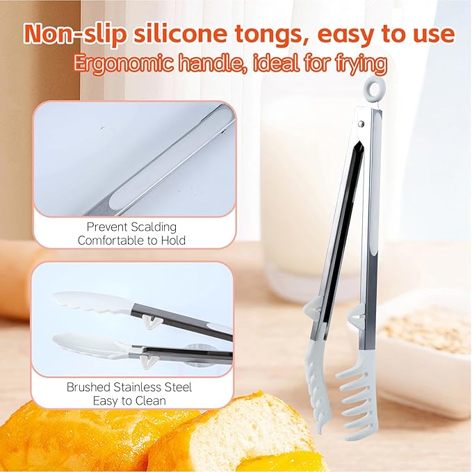 Silicone Tip Tongs Set of 3, 12-Inch Stainless Steel, White