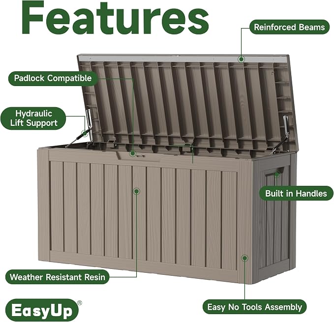 EasyUp 80 Gallon Outdoor Storage Box Waterproof, UV Resistant Resin Deck Box - Image 2
