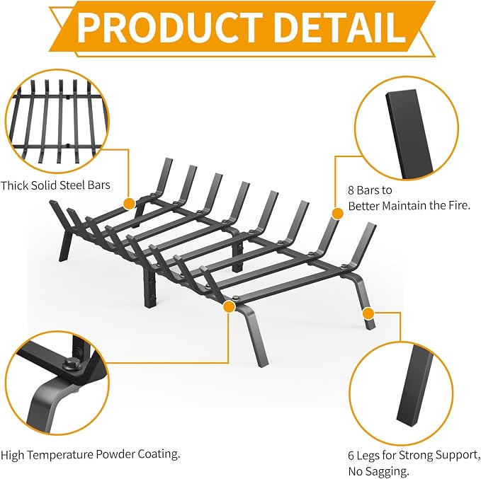 Heavy Duty 30Inch Fireplace Grate, Solid Steel Log Rack - Image 4