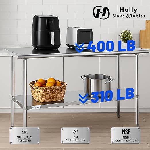 Hally Stainless Steel Table for Prep & Work 14 x 72 Inches, NSF Commercial - Image 5