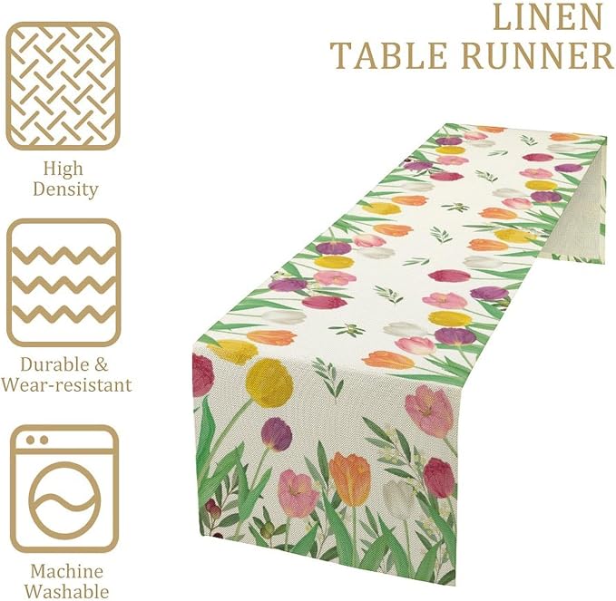 Tulips Spring Table Runner, Rustic Farmhouse Watercolor Botanical Colorful - Image 4
