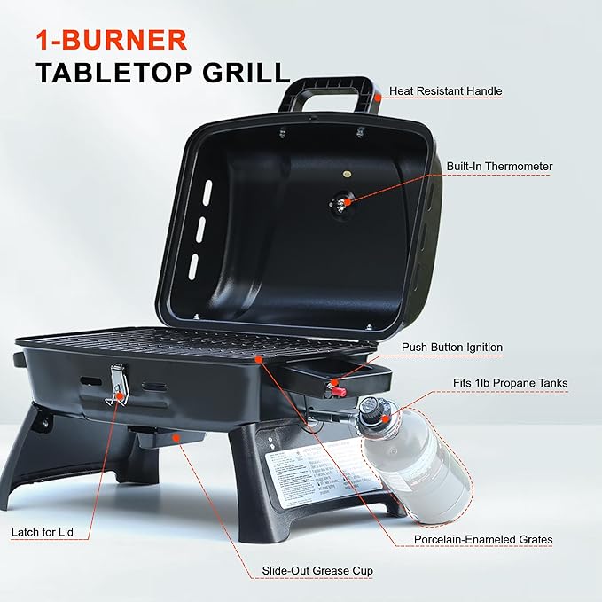 BrandMan Portable Propane Gas Grill, 1-Burner Tabletop Compact BBQ Grill - Image 5