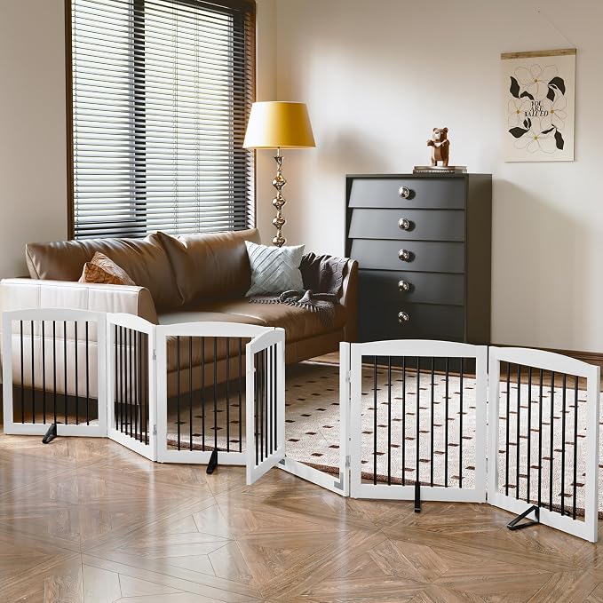 Freestanding Pet Gates with Walk Through Door, Dog Indoor Fence, Dog Gate by PUPETPO