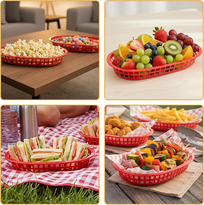 Fast Food Baskets 16-Pack, 10 x 6 Inch Plastic Oval Serving Baskets - Image 3