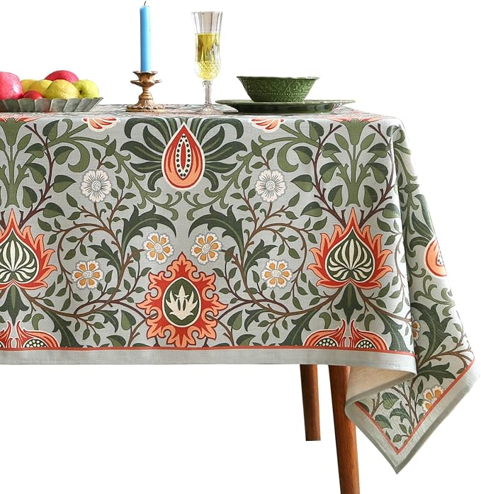 ISAENNE Designer Bohemian Linen Green Small Rectangular Tablecloth, Floral by Isaennehomedecoration