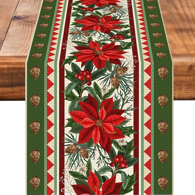 Christmas Flower Table Runner Burlap Kitchen Dining Linen Table Decoration by Worltoldb