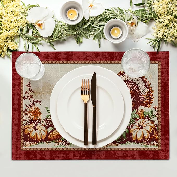 Giwawa 4PCs Thanksgiving Placemats 12x18 Inch Fall Harvest Turkey Autumn - Image 3