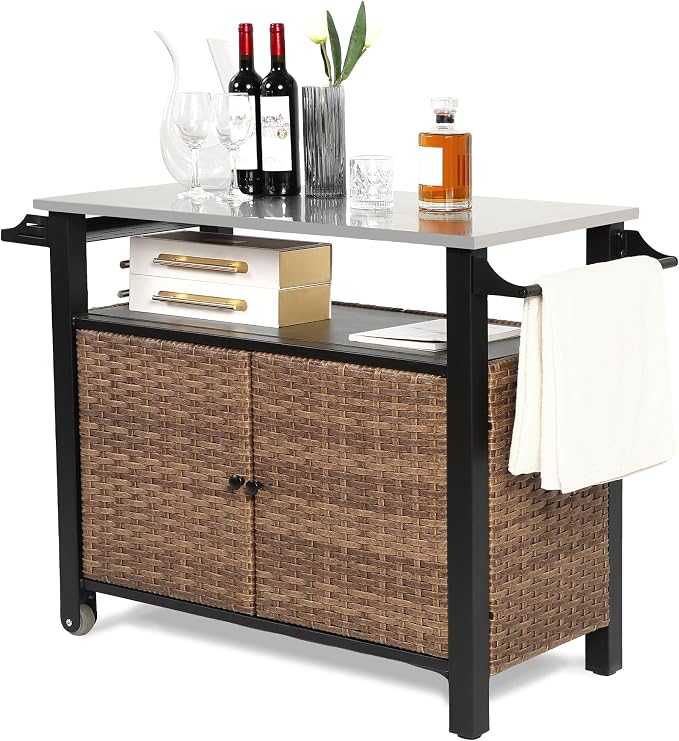 Patio Grill Cart with Wicker Storage, Outdoor Kitchen Island Serving Cart with by Villeston