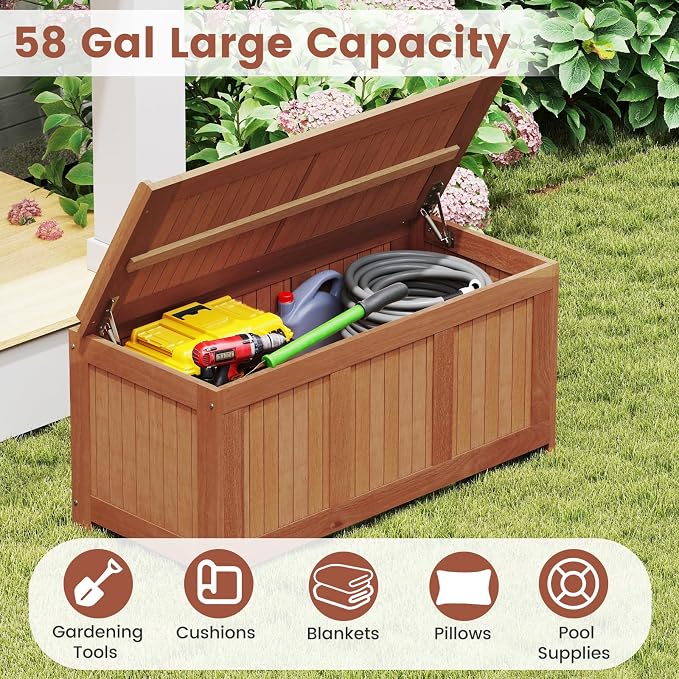 Tangkula 58 Gallon Wood Outdoor Storage Box, 3-in-1 Patio Storage Bench - Image 5