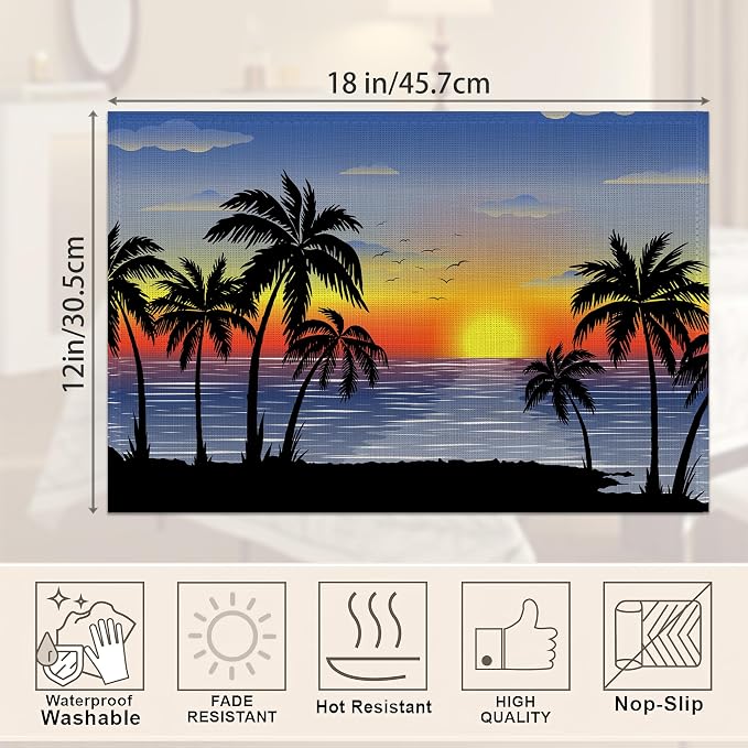 Tropical Landscape Placemats Set of 6, Palm Trees Sunset Seascape Exotic Linen - Image 2