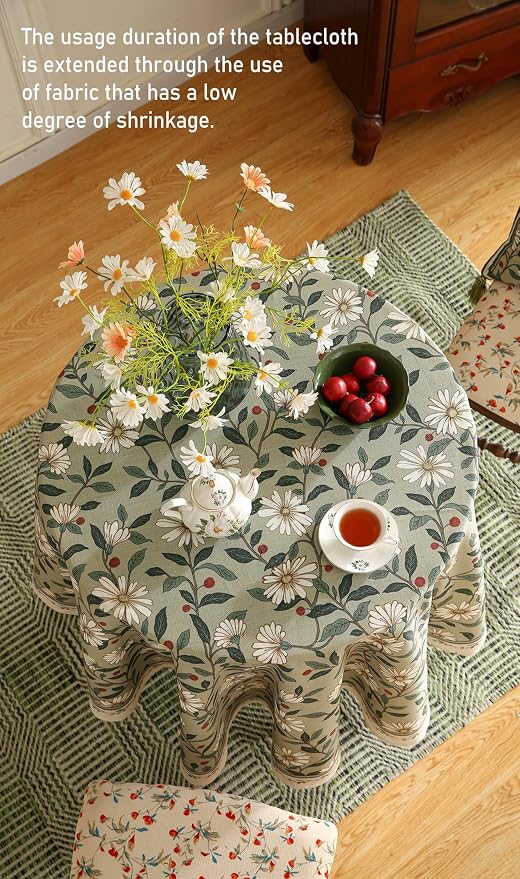 ISAENNE Designer Green Linen Small Round Tablecloth, Floral French Country - Image 9